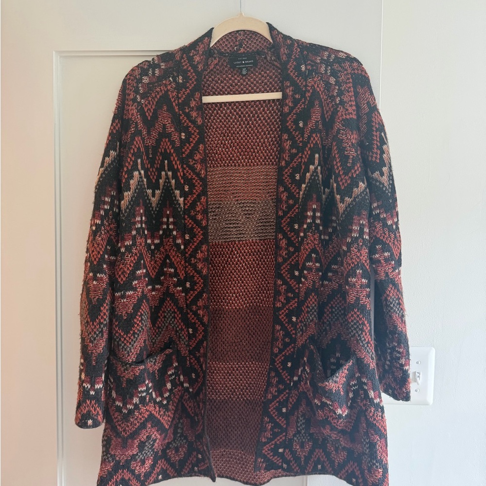 Lucky Brand Black and Red Geometric Cardigan